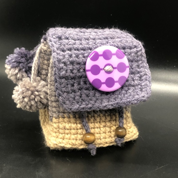 Whimsical Crochet Backpack Keychain – Grape Tan Colorblock, Pom Poms, & Beads - Picture 5 of 12